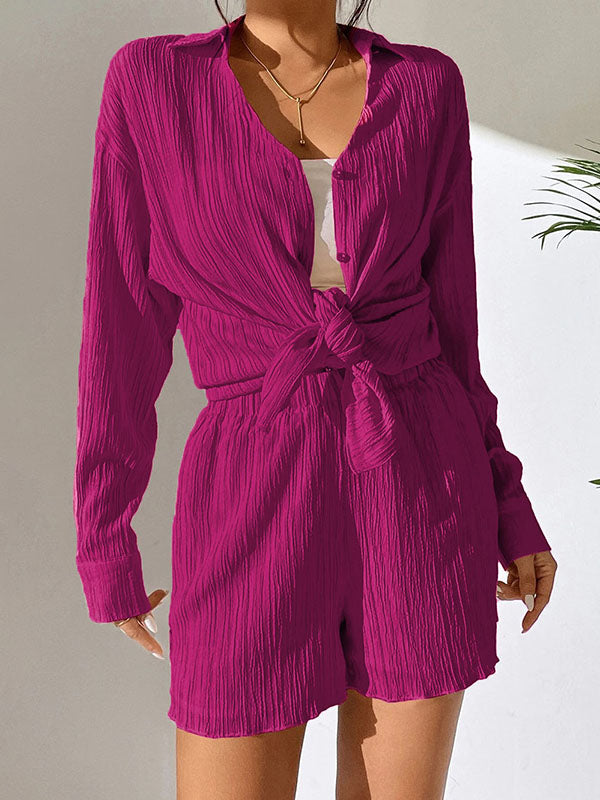 Loose Buttoned Long Sleeves Pleated Solid Color Lapel Shirts Top + Elasticity Shorts Bottom Two Pieces Set