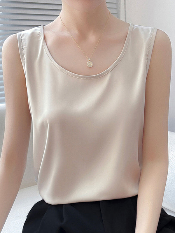 Solid Color Loose Sleeveless Round-Neck Vest Top