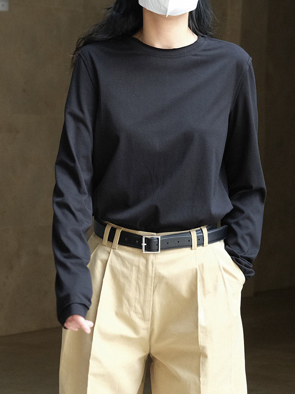 Simple Loose Long Sleeves Solid Color Round-Neck T-Shirts Tops