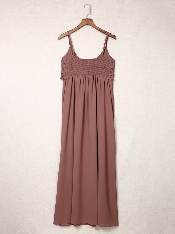 Elasticity Pleated Solid Color A-Line Loose Spaghetti-Neck Maxi Dresses