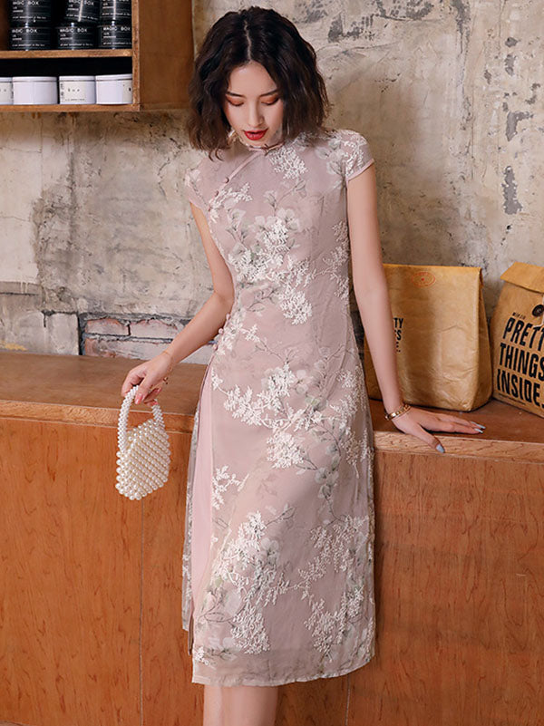 Original Applique Stand Collar Long Cheongsams