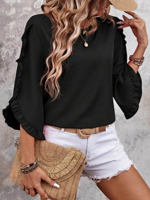 Pleated Ruffled Solid Color Split-Joint Loose Three-quarter Sleeves Round-neck Blouses&shirts Tops