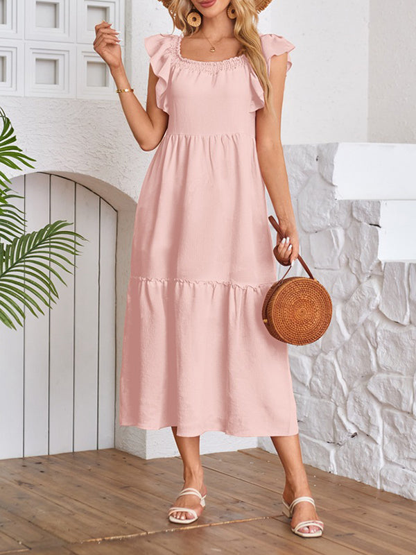 Elasticity Pleated Ruffled Solid Color Split-Joint A-Line Loose Off-The-Shoulder Midi Dresses