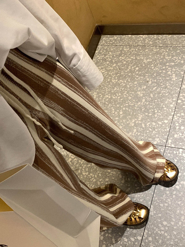 Casual Wide Leg Loose Drawstring Striped Pants