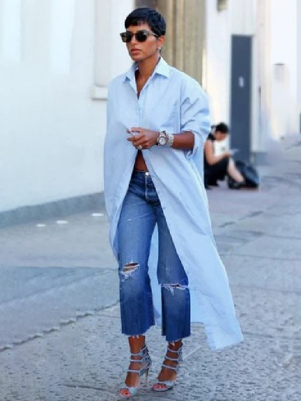 Simple Loose Buttoned Solid Color Lapel Maxi Dresses