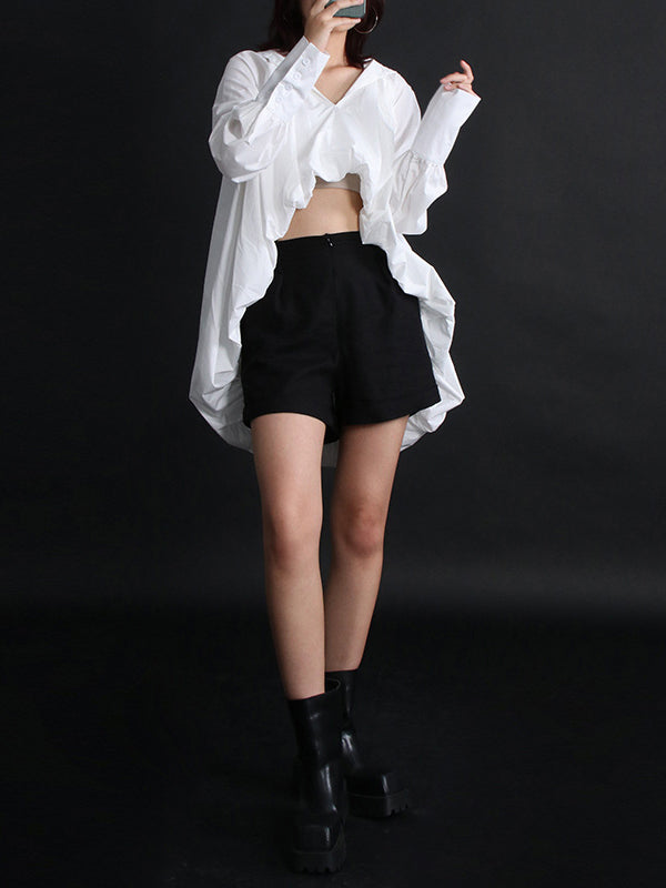 Solid Color High-Low Puff Sleeves V-Neck Blouses&Shirts Tops