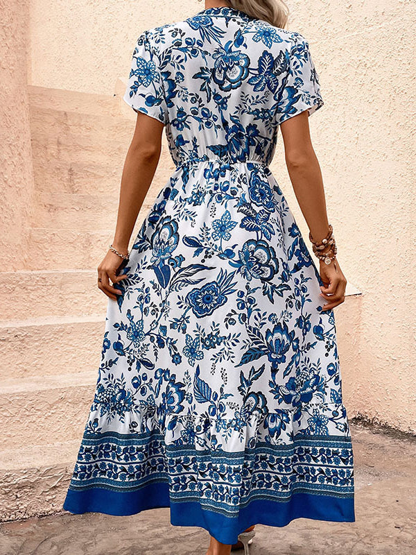 Floral Printed Pleated Split-Joint Tied Waist Loose Short Sleeves V-Neck Shirt Dress Midi Dresses