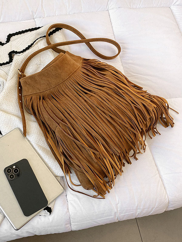 Hollow Solid Color Tasseled Zipper Handbags Crossbody Bags