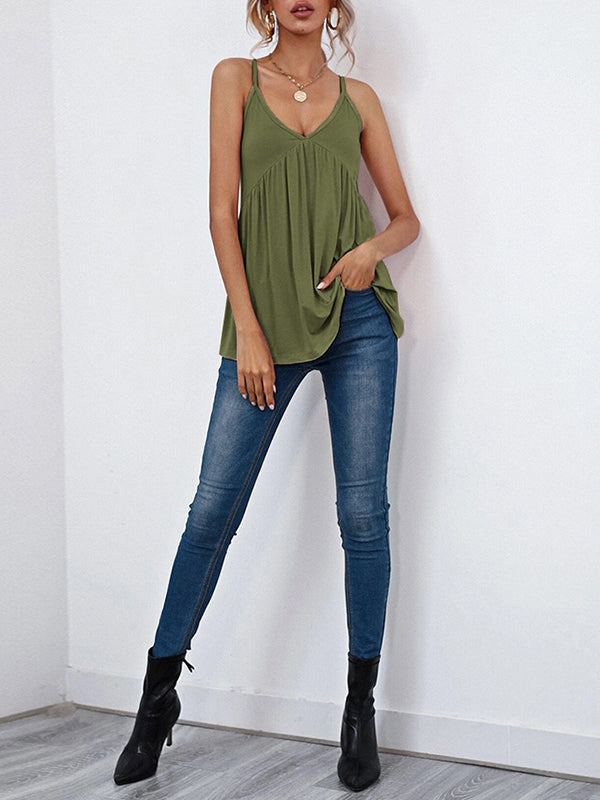 Pleated Solid Color Split-Joint Sleeveless Spaghetti-Neck Camis