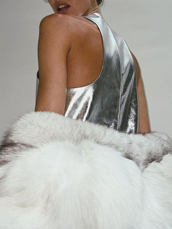 Shiny Solid Color Zipper A-line Loose Round-neck Mini Dresses