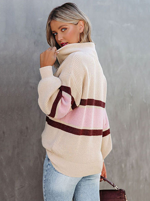 Stylish Loose Solid Color& Contrast Color Striped Lapel Collar Sweater Tops