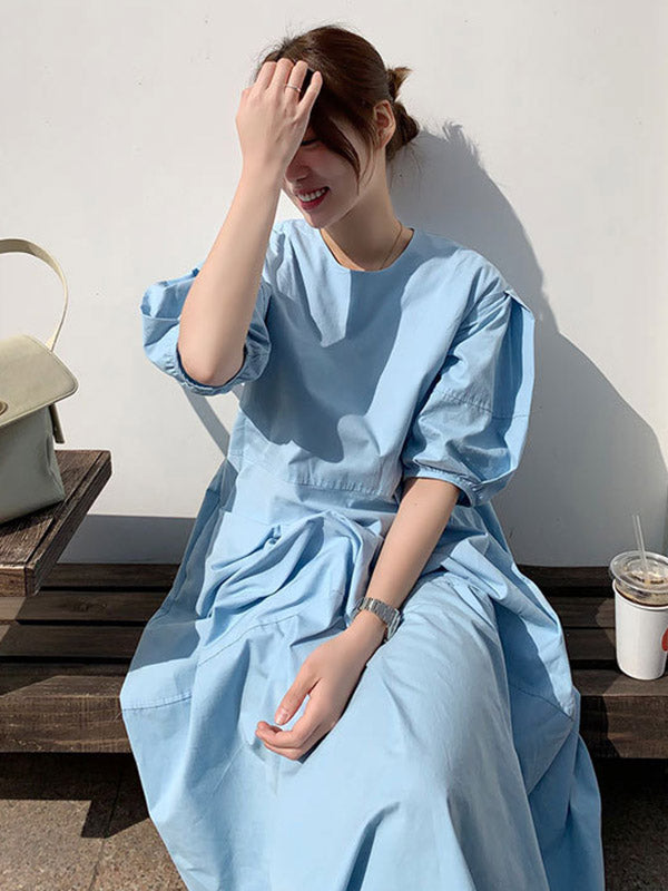 Casual Round-Neck Bishop Sleeve Loose Solid Color Midi Dress