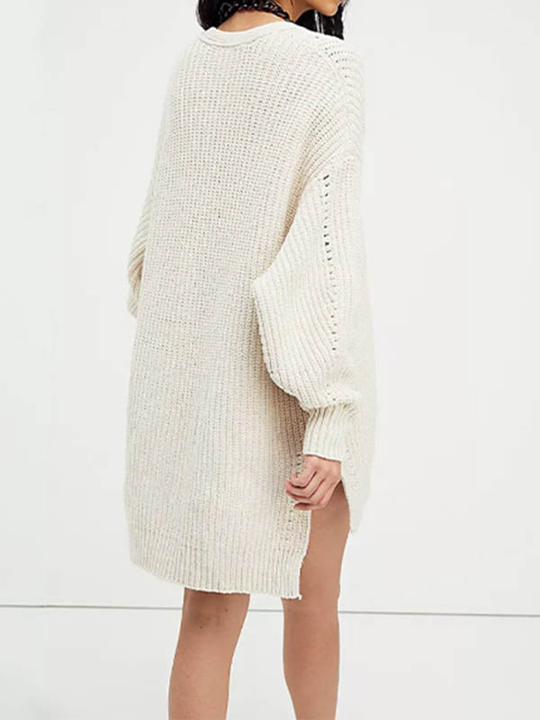 Hollow Solid Color High-low Long Sleeves Collarless Cardigan Tops