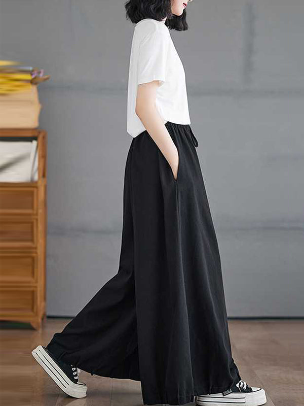 Drawstring Elasticity Pleated Pockets High Waisted Loose Pants Knickerbockers Culotte