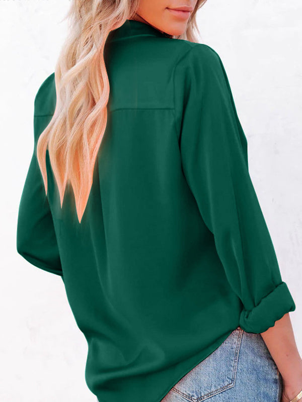Urban Simple Long Sleeves Solid Color Lapel Blouses Top