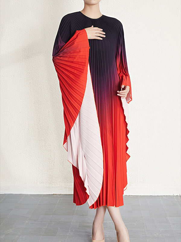 Gradient Pleated Batwing Sleeves Loose Round-Neck Midi Dresses