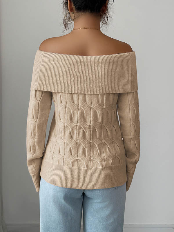 Solid Color Split-Joint Long Sleeves Off-The-Shoulder Sweater Tops Pullovers