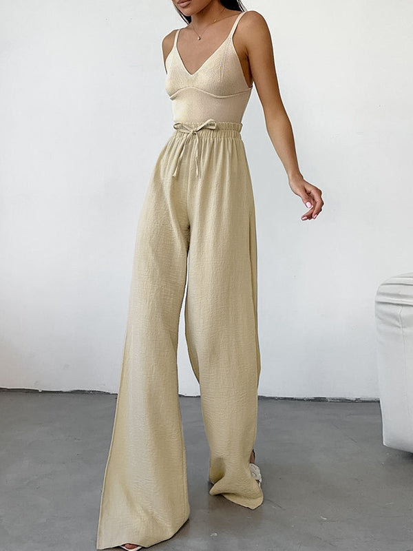 Drawstring Elasticity Solid Color Split-side High Waisted Loose Trousers Pants