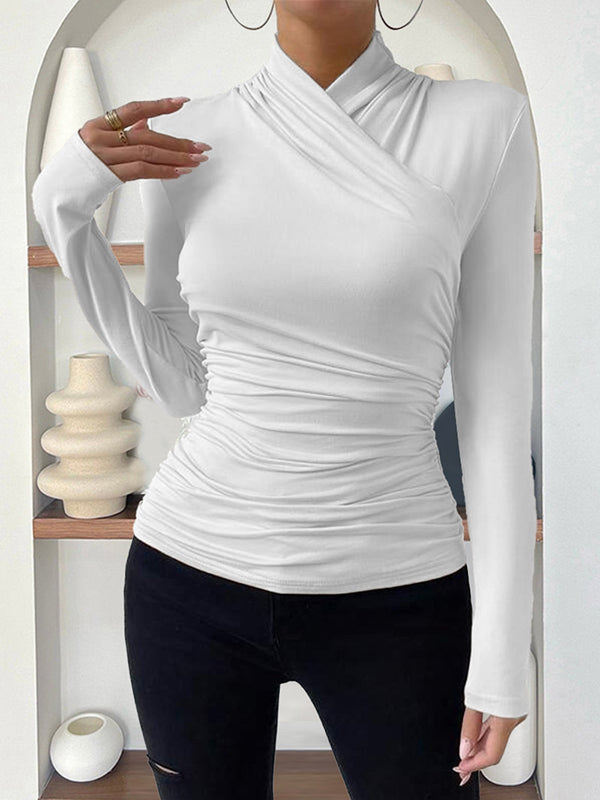 Pleated Solid Color Long Sleeves Skinny Mock Neck T-Shirts Tops