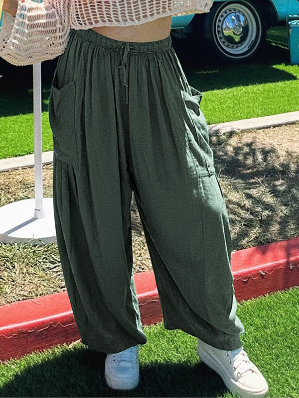 Drawstring Elasticity Pleated Pockets Solid Color High Waisted Loose Trousers Ninth Pants