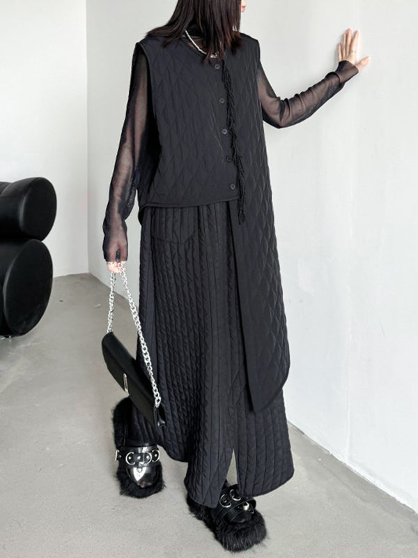 Asymmetric Buttoned Quilted Solid Color Tasseled Loose Sleeveless U-neck Padded Vest