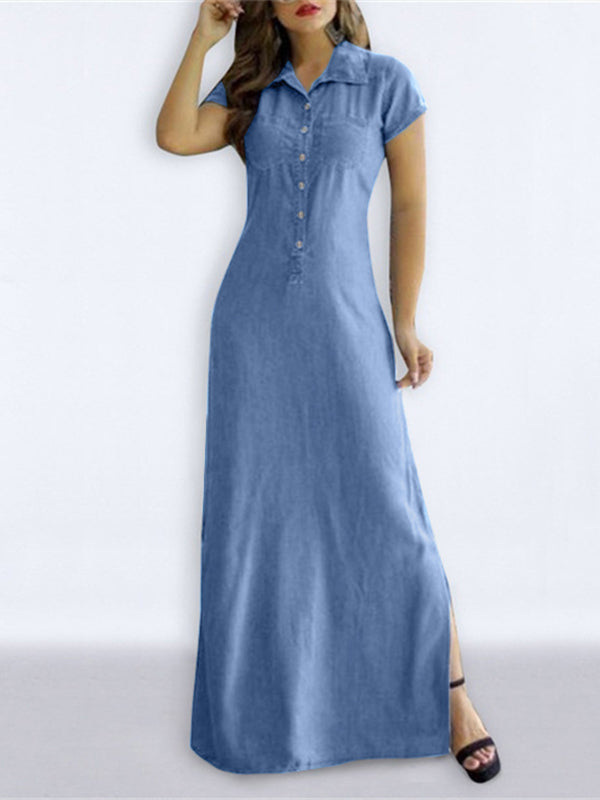 Buttoned Pockets Split-side High Waisted Plus Size Lapel Maxi Dresses