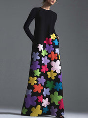 Asymmetric Floral Long Sleeves Round-Neck Maxi Dresses