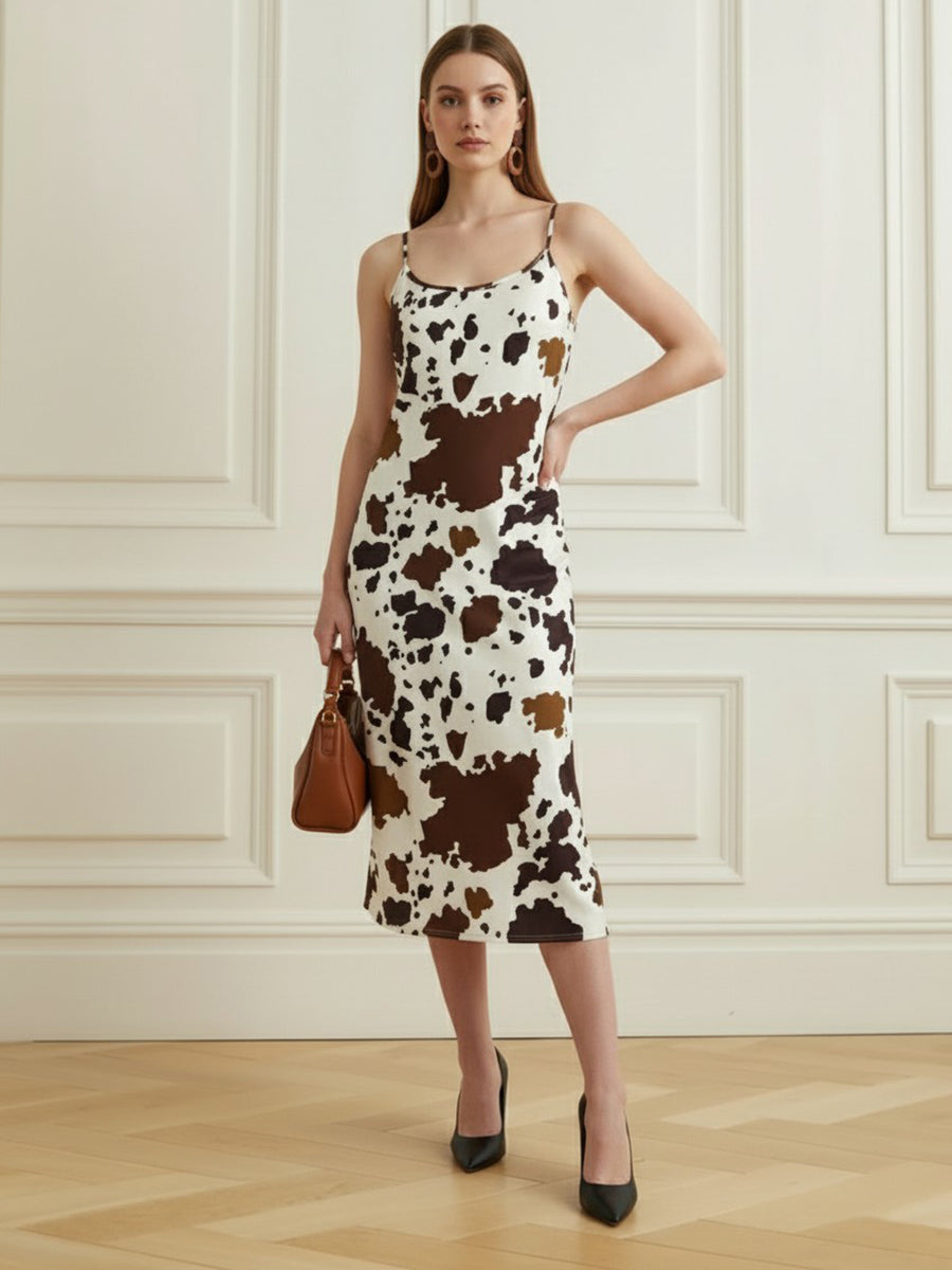 Contrast Color Cow Printed Split-Joint Bodycon Spaghetti-Neck Midi Dresses