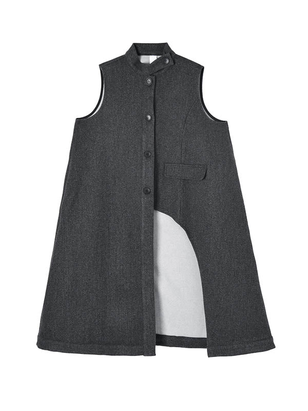 Asymmetric Buttoned Solid Color Split-Joint High-Low Irregularity Stand Collar Padded Vest Outerwear
