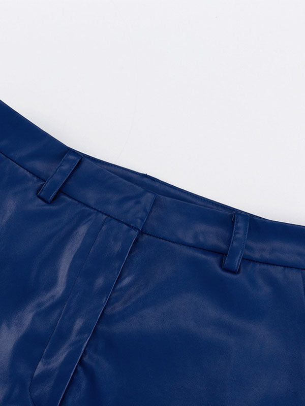 High-Waisted Solid Color Split-Joint Skinny Leg Straight Leg PU Trousers Pants