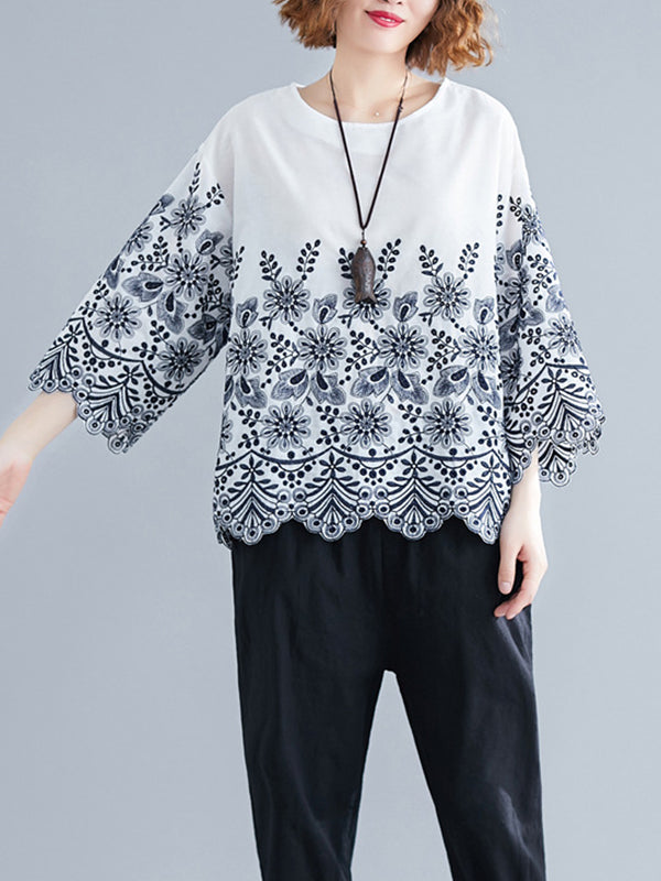 Hollow Print Loose Three-quarter Sleeves Round-neck Blouses&shirts Tops