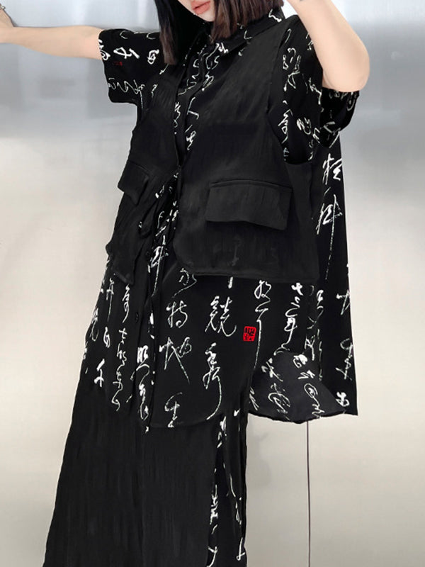 Lace-Up Printed Split-Joint Tiered False Two High-low Lapel Blouses&shirts Tops