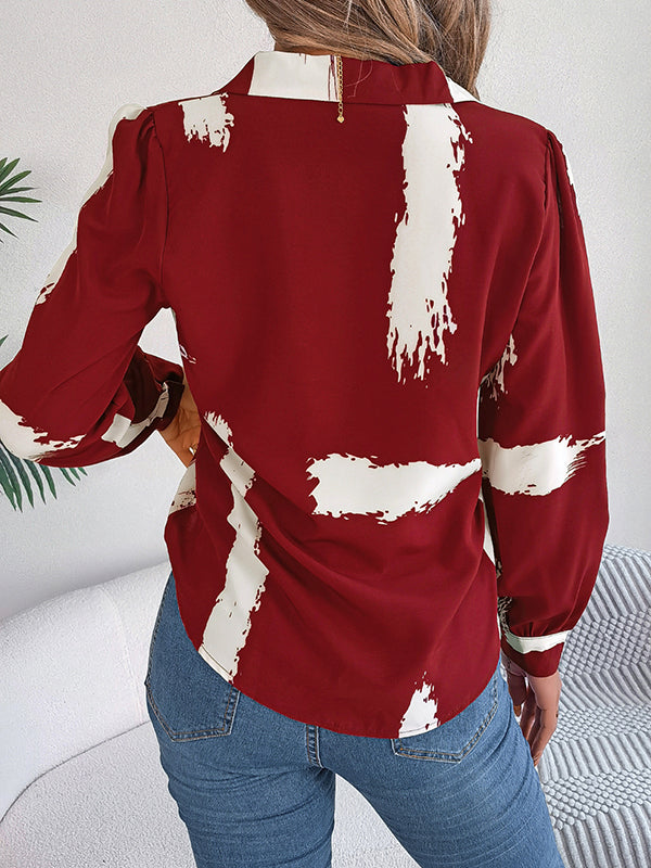 Buttoned Printed Long Sleeves Loose Notched Collar Blouses&Shirts Tops