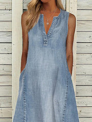 Pockets Loose Sleeveless V-Neck Denim Midi Dresses