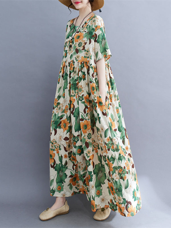 Floral Printed Pleated Split-Joint Loose Short Sleeves Round-Neck Midi Dresses