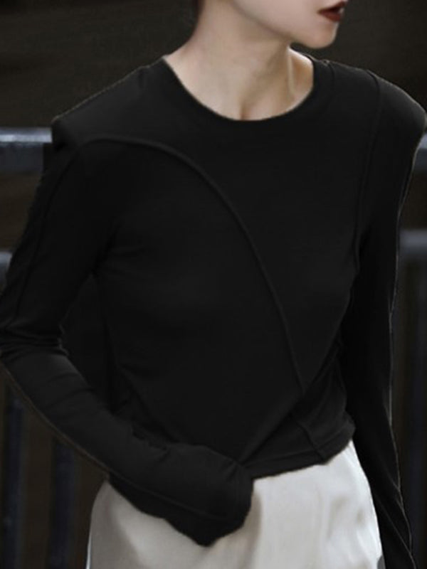 Shoulder Pad Solid Color Long Sleeves Skinny Round-Neck T-Shirts Tops
