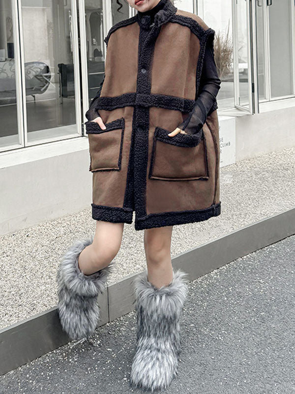 Buttoned Contrast Color Pockets Reversible Velvet Loose Sleeveless Stand Collar Vest Outerwear