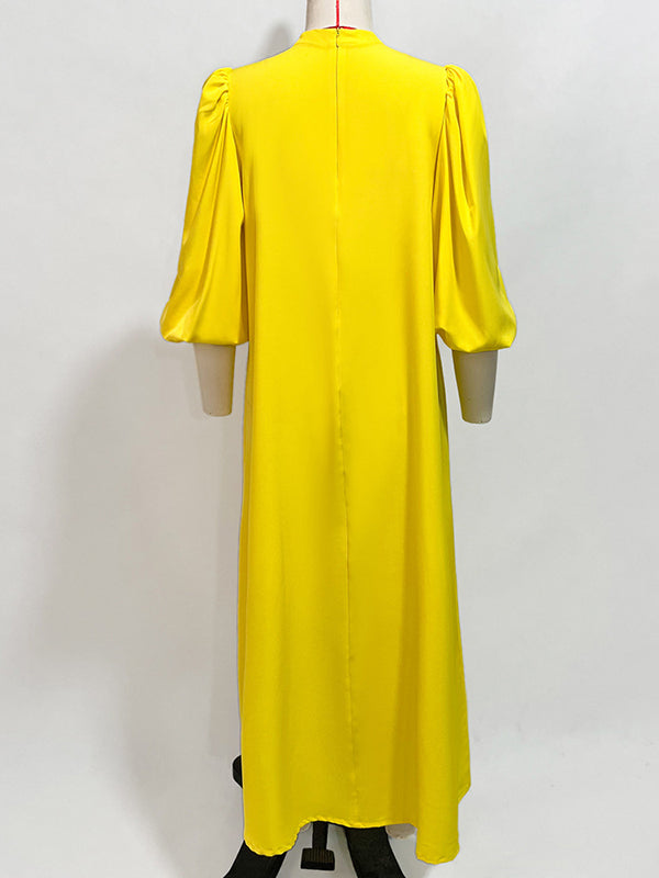 Hollow Rhine Stones Solid Color Bishop Sleeve Loose Mock Neck Maxi Dresses
