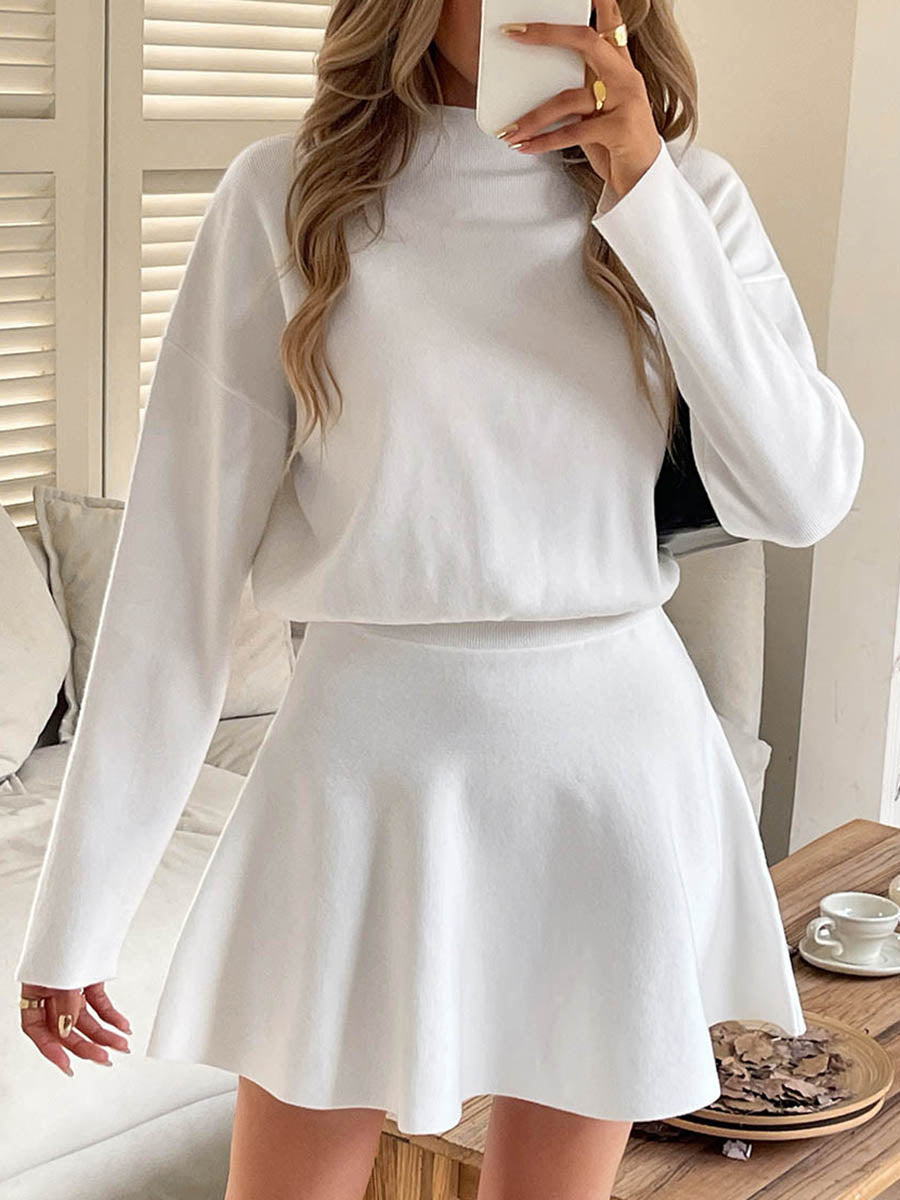 Elasticity Solid Color A-line High Waisted Round-neck Sweater Dresses Mini Dresses