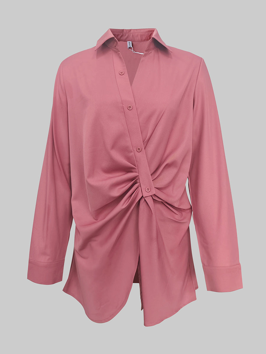 Long Sleeves Wrap Asymmetric Knot Pleated Lapel Blouses&Shirts Tops