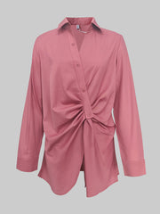Long Sleeves Wrap Asymmetric Knot Pleated Lapel Blouses&Shirts Tops