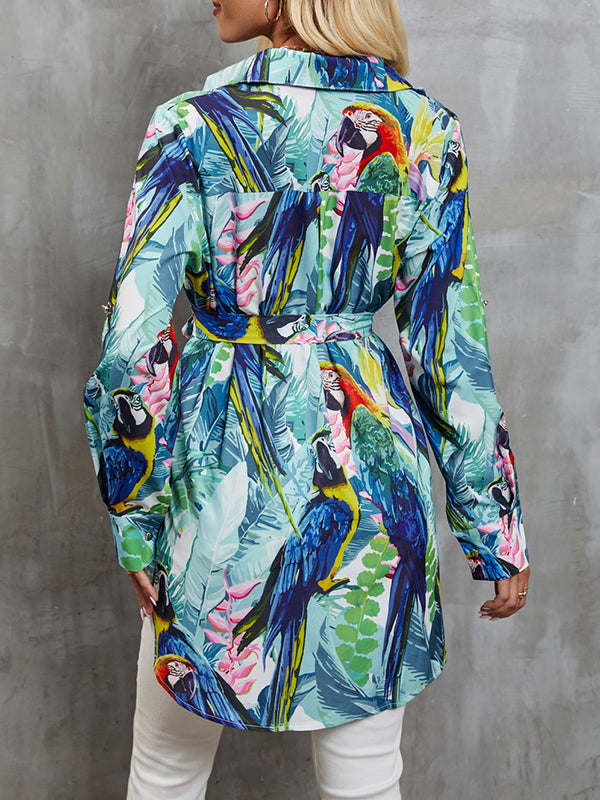 Buttoned Printed Split-Joint Tied Waist Long Sleeves Loose Lapel Blouses&Shirts Tops