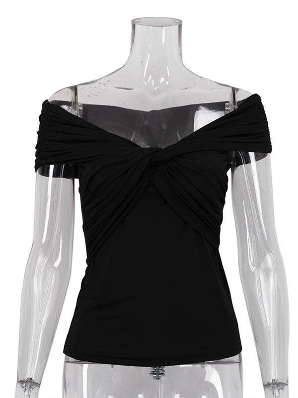Knot Pleated Solid Color Split-Joint Short Sleeves Skinny Boat Neck T-Shirts Tops