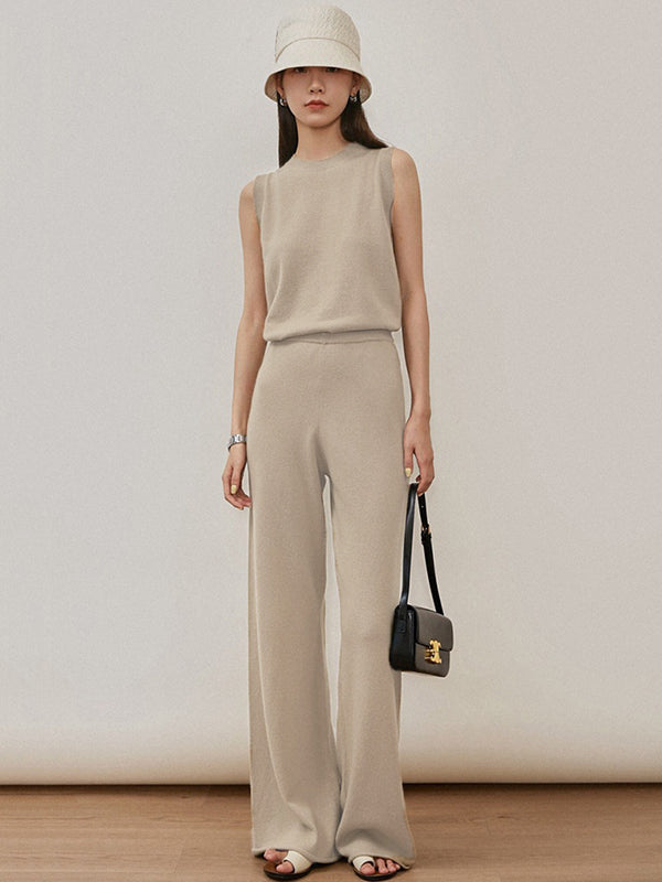 Urban Loose Solid Round-Neck Vest Top& V-Neck Sweater Tops& Wide Leg Pants Three-Piece Set