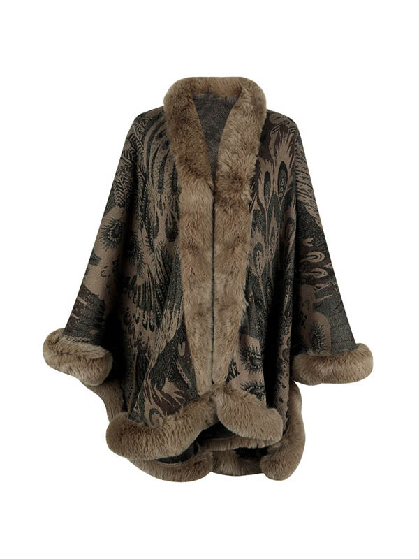 Jacquard Keep Warm Velvet Long Sleeves Loose Collarless Shawl Cape