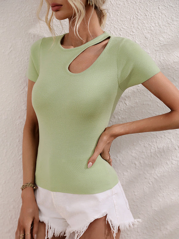 Asymmetric Hollow Solid Color Loose Short Sleeves Round-Neck T-Shirts Tops