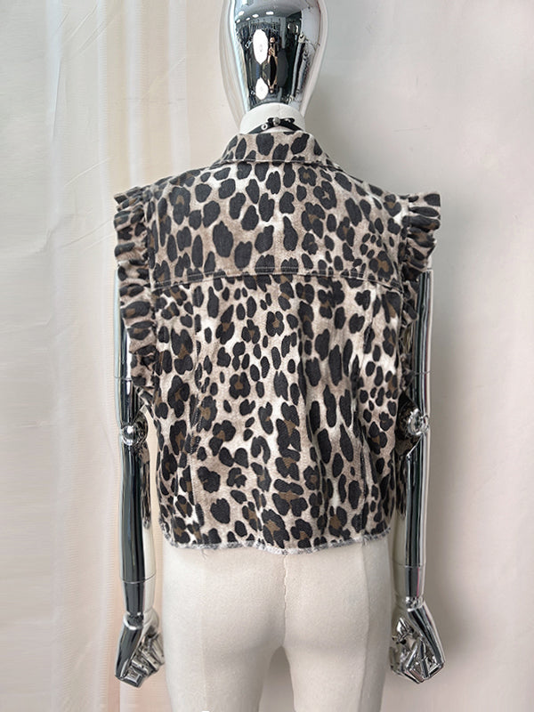 Buttoned Leopard Pleated Pockets Ruffled Split-Joint Loose Ruffle Sleeves Lapel Vest Outerwear