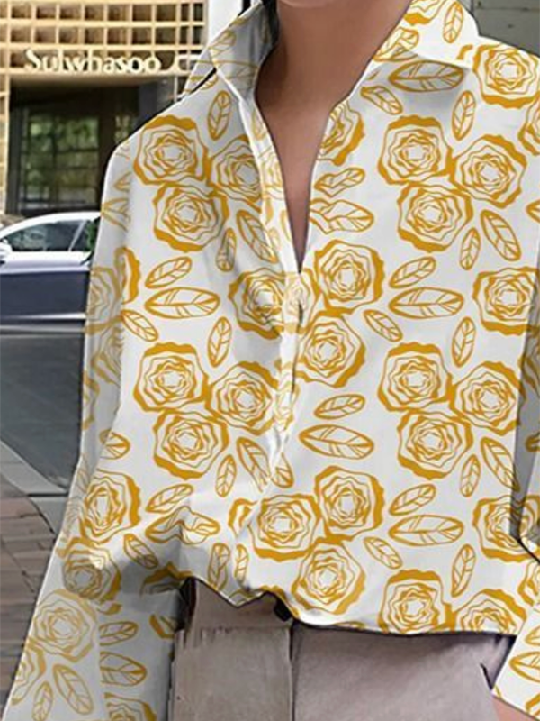 Buttoned Flower Print Long Sleeves Loose Lapel Blouses&Shirts Tops