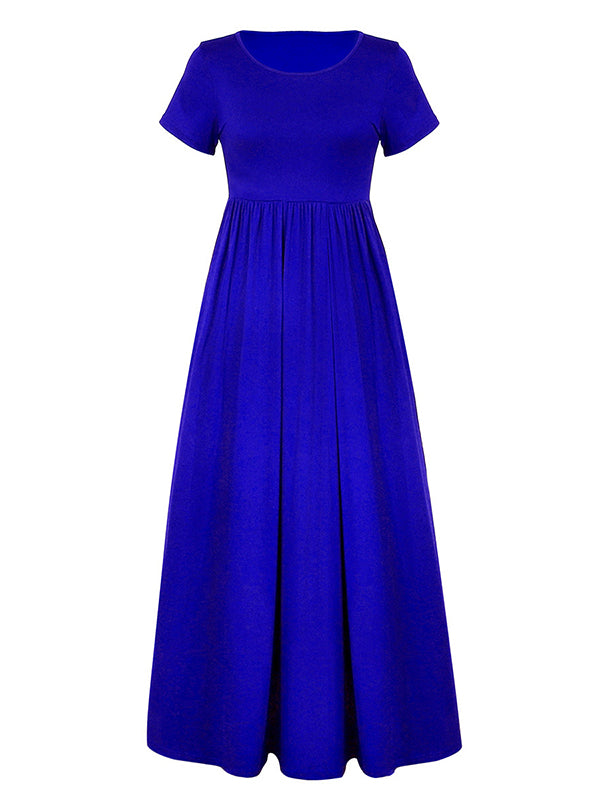 Pleated Pockets Solid Color Split-Joint High Waisted Short Sleeves Round-Neck Maxi Dresses