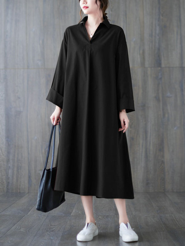 Buttoned Solid Color A-Line Long Sleeves Lapel Shirt Dress Midi Dresses